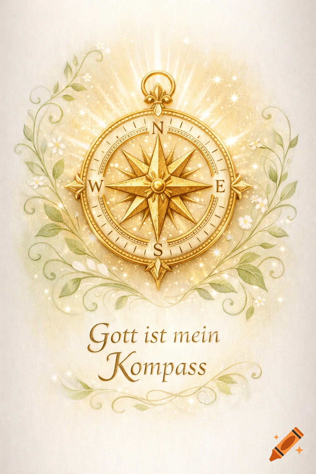 Golden compass with glowing light, sparkling stars, green leaves, and white flowers. Text 'Gott ist mein Kompass' below. Watercolor illustration.