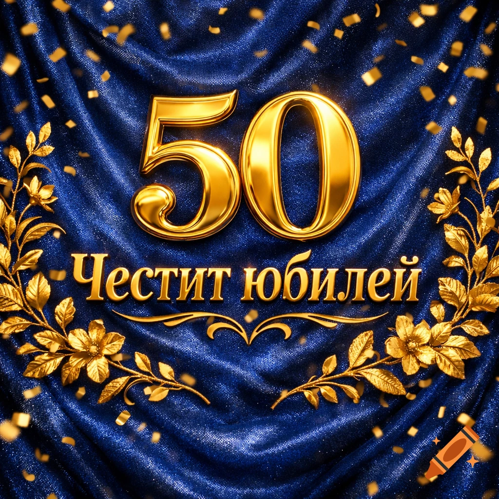 Golden number 50 and 'Честит юбилей' on a shimmering blue fabric background with gold leaf decorations and falling confetti.