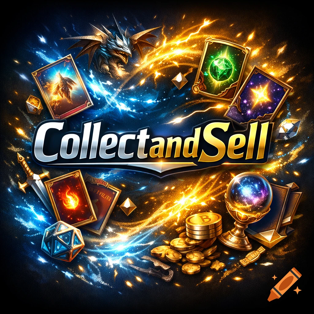 Vibrant fantasy logo with 'Collect and Sell' text, a dragon, trading cards, coins, and a sword amidst glowing light.