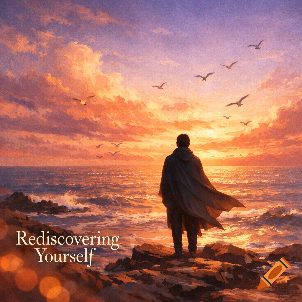 A person in a cape stands on rocks looking at a vibrant ocean sunset with birds flying and text 'Rediscovering Yourself'.