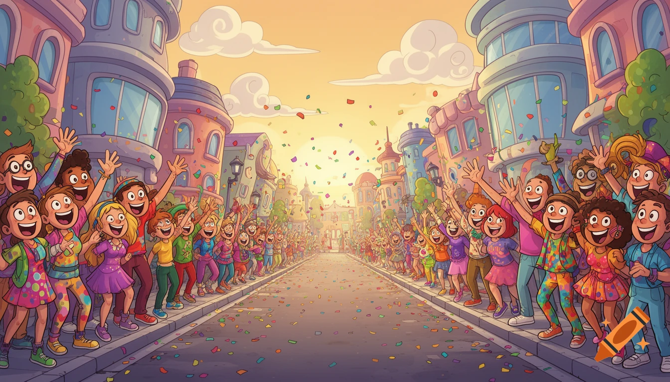 A colorful cartoon street parade at sunset with cheering crowds waving from both sidewalks and confetti falling.