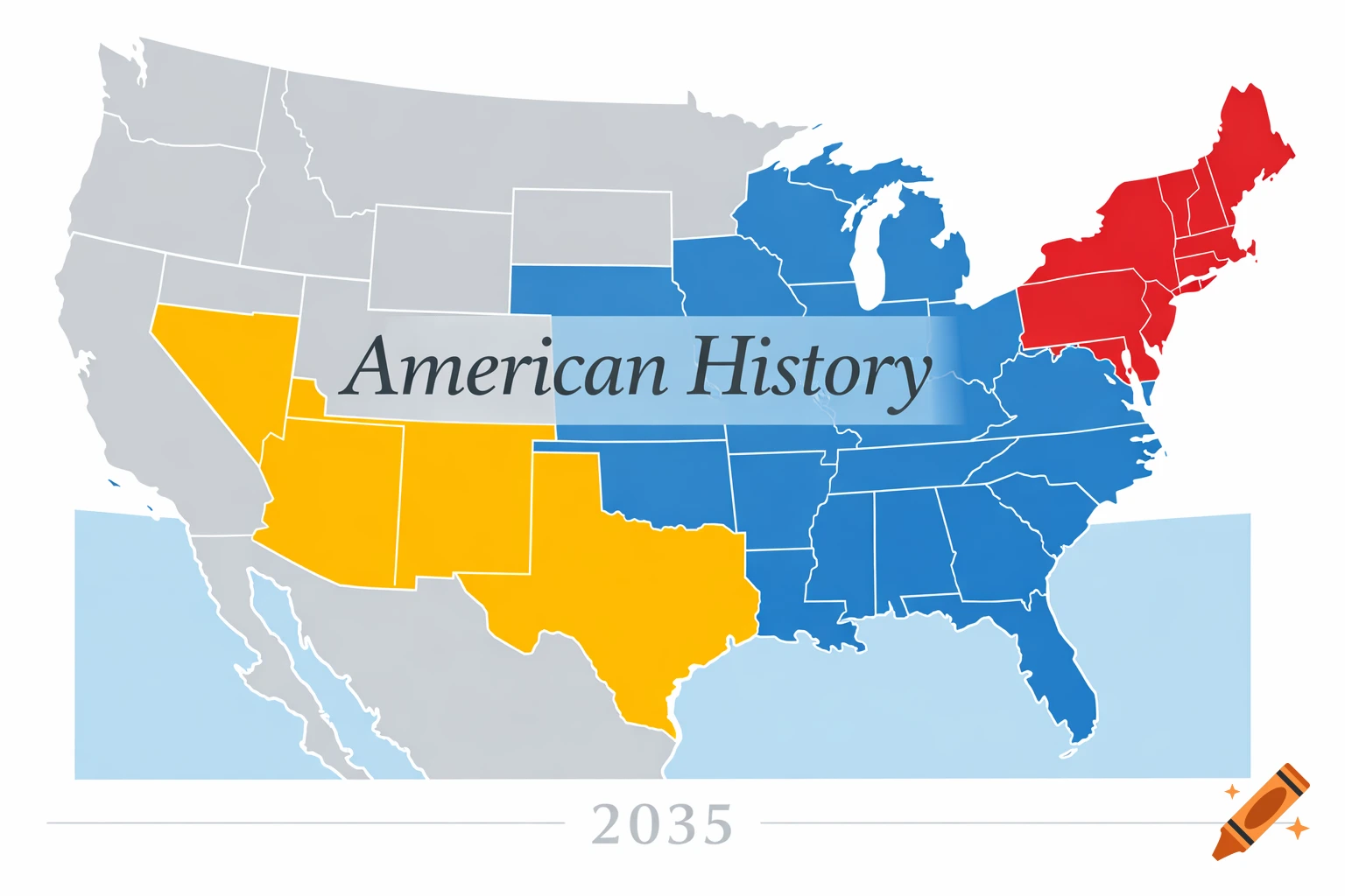 Political map of the United States with regions colored red, yellow, and blue, labeled "American History" and dated "2035".