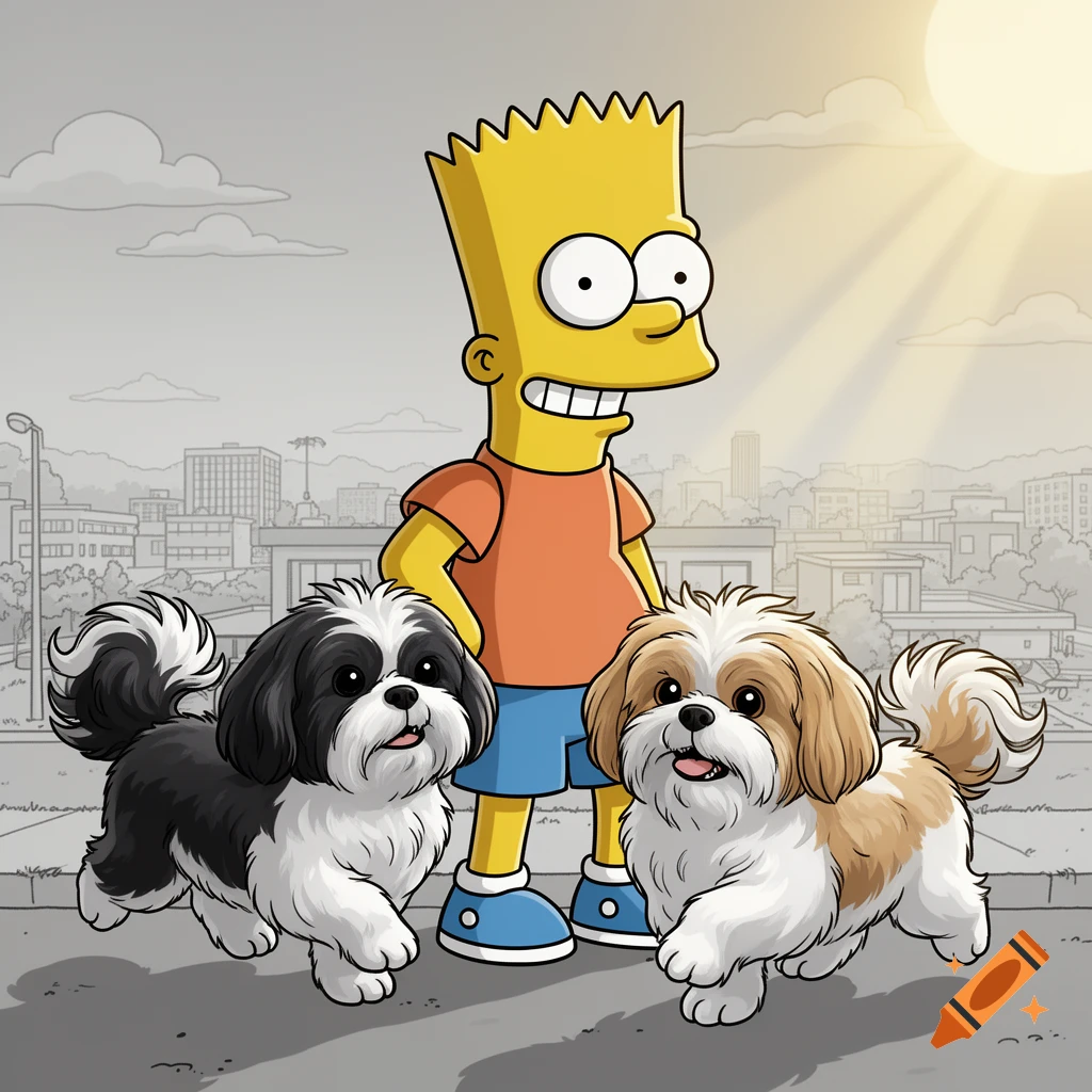 Cartoon of Bart Simpson with a black and white Shih Tzu and a white and tan Shih Tzu on a path in a city.
