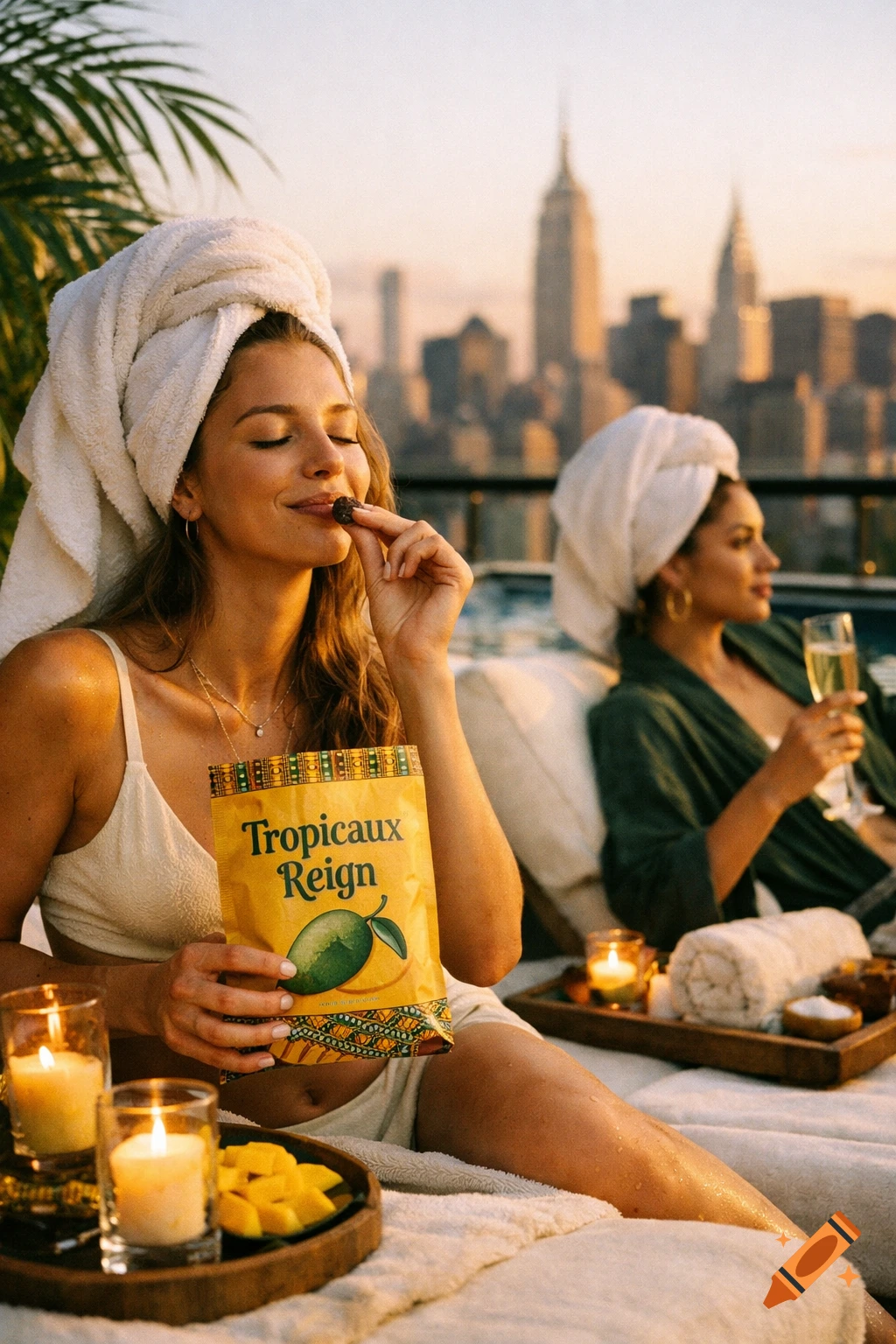 Two women at a luxury rooftop spa at golden hour overlooking the NYC skyline. One eats from a 'Tropicaux Reign' snack bag, the other sips champagne.