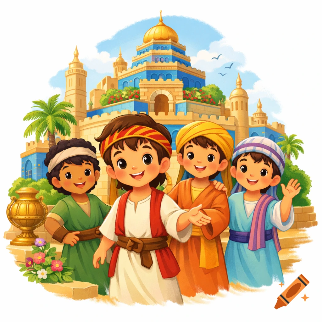 Four smiling boys in colorful biblical attire stand before a vibrant ancient palace in a cartoon illustration.