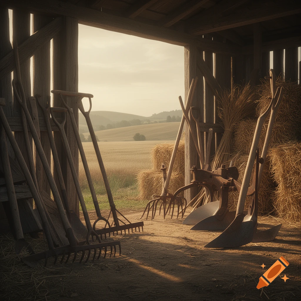 Farming tools including rakes, shovels, and a plow inside a barn, looking out to golden fields and rolling hills.