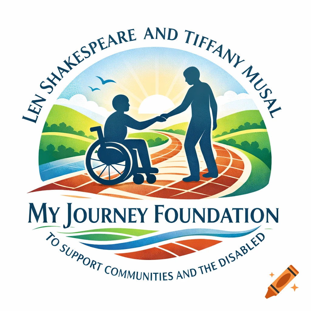 Colorful logo of two silhouetted figures, one in a wheelchair, shaking hands on a winding path against a sunrise landscape. Text for 'My Journey Foundation'.