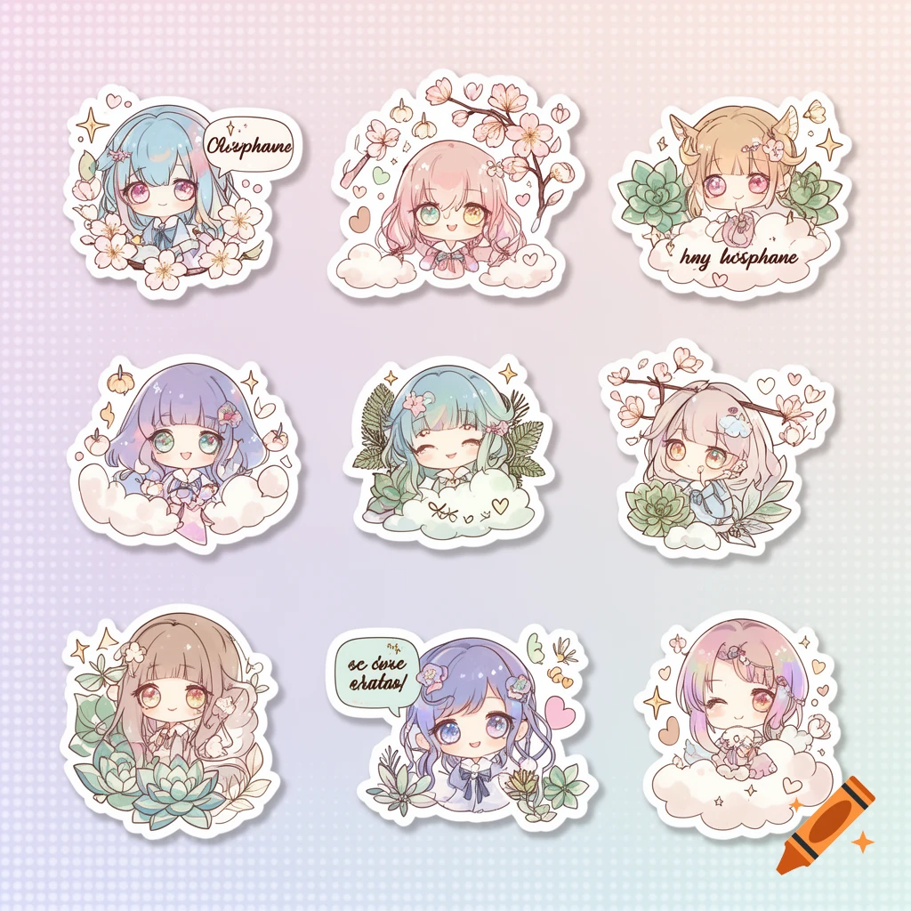 Grid of nine pastel-colored chibi anime girl stickers with plants, flowers, and clouds on a gradient background.