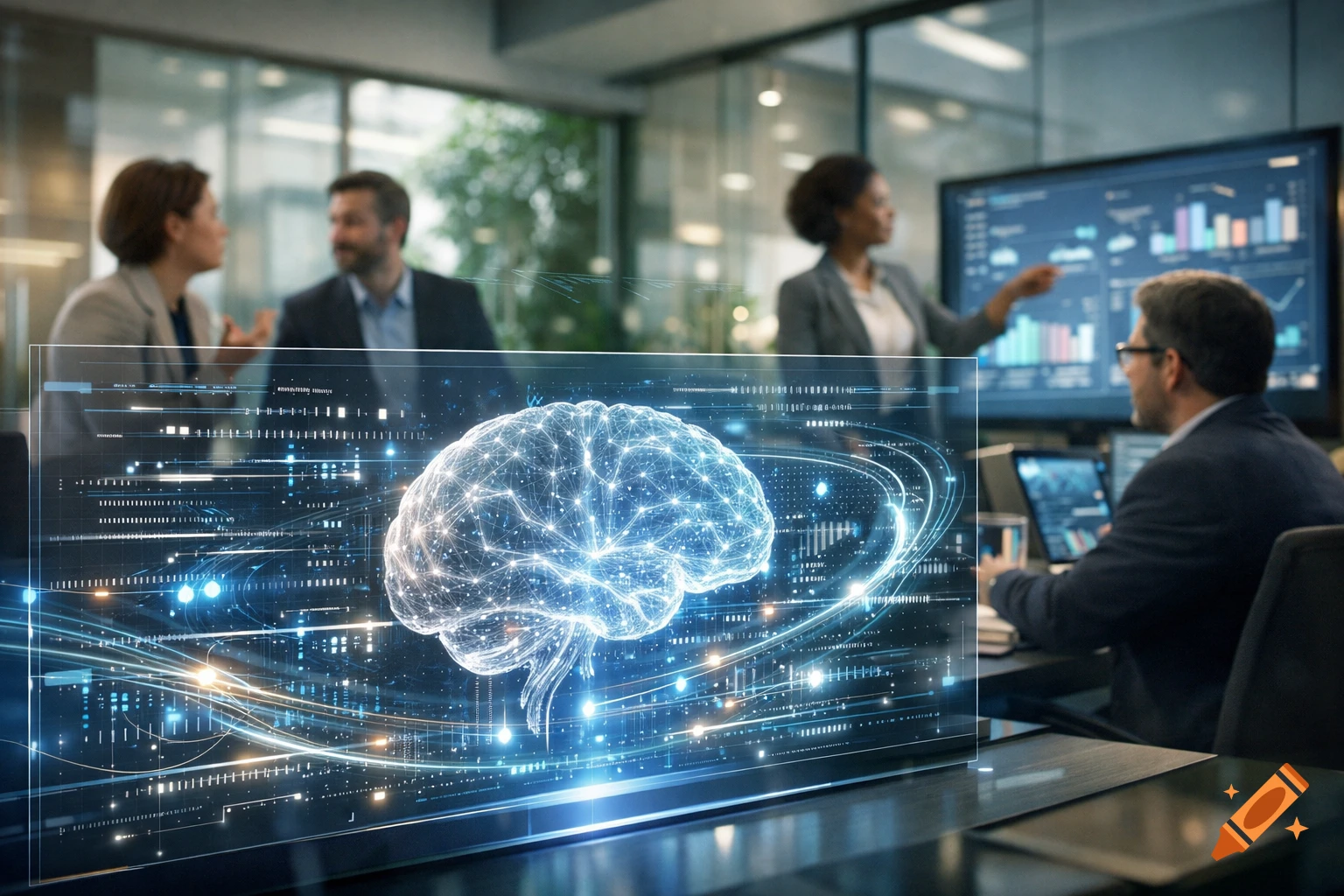 A holographic brain projection with data lines floats in a modern office meeting, surrounded by blurred business professionals.