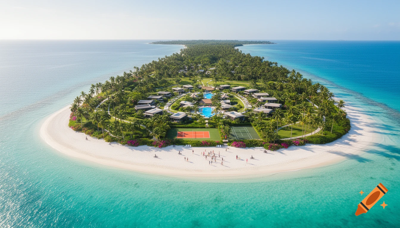 An aerial view of an elongated tropical island resort with white sandy beaches, turquoise water, palm trees, villas, swimming pools, and tennis courts.