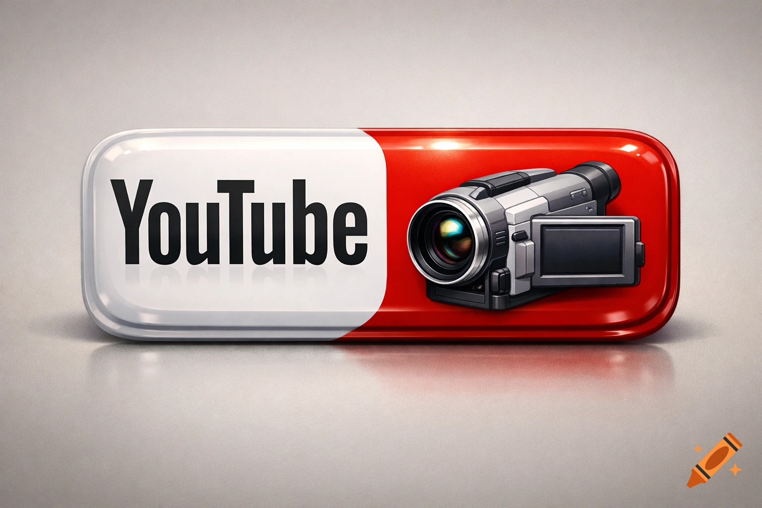Stylized YouTube logo with a white 'YouTube' text and a camcorder icon on the red half of a glossy button on a grey background.