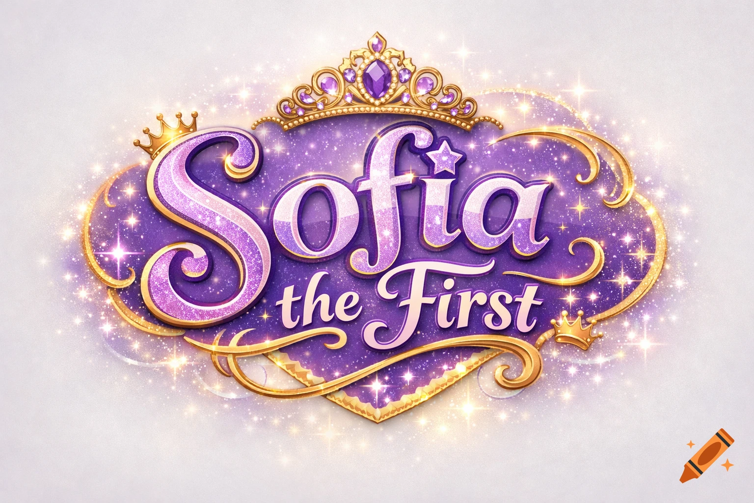 Glittery purple and pink 'Sofia the First' logo with golden accents, crowns, a tiara, and sparkling effects.