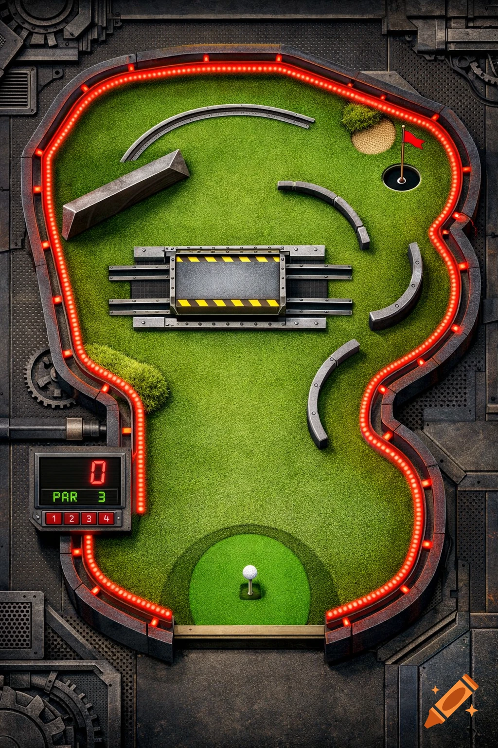 Top-down view of an intricate mini-golf course with green turf, red LED borders, metal obstacles, and a digital scoreboard against a dark industrial background.