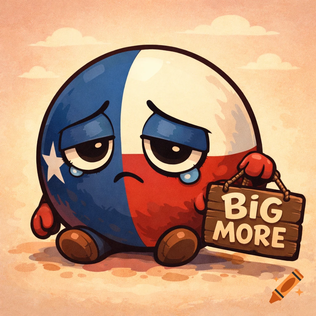 A sad, cartoon Texas countryball character holds a wooden sign that reads "BiG MORE" in a simple background.