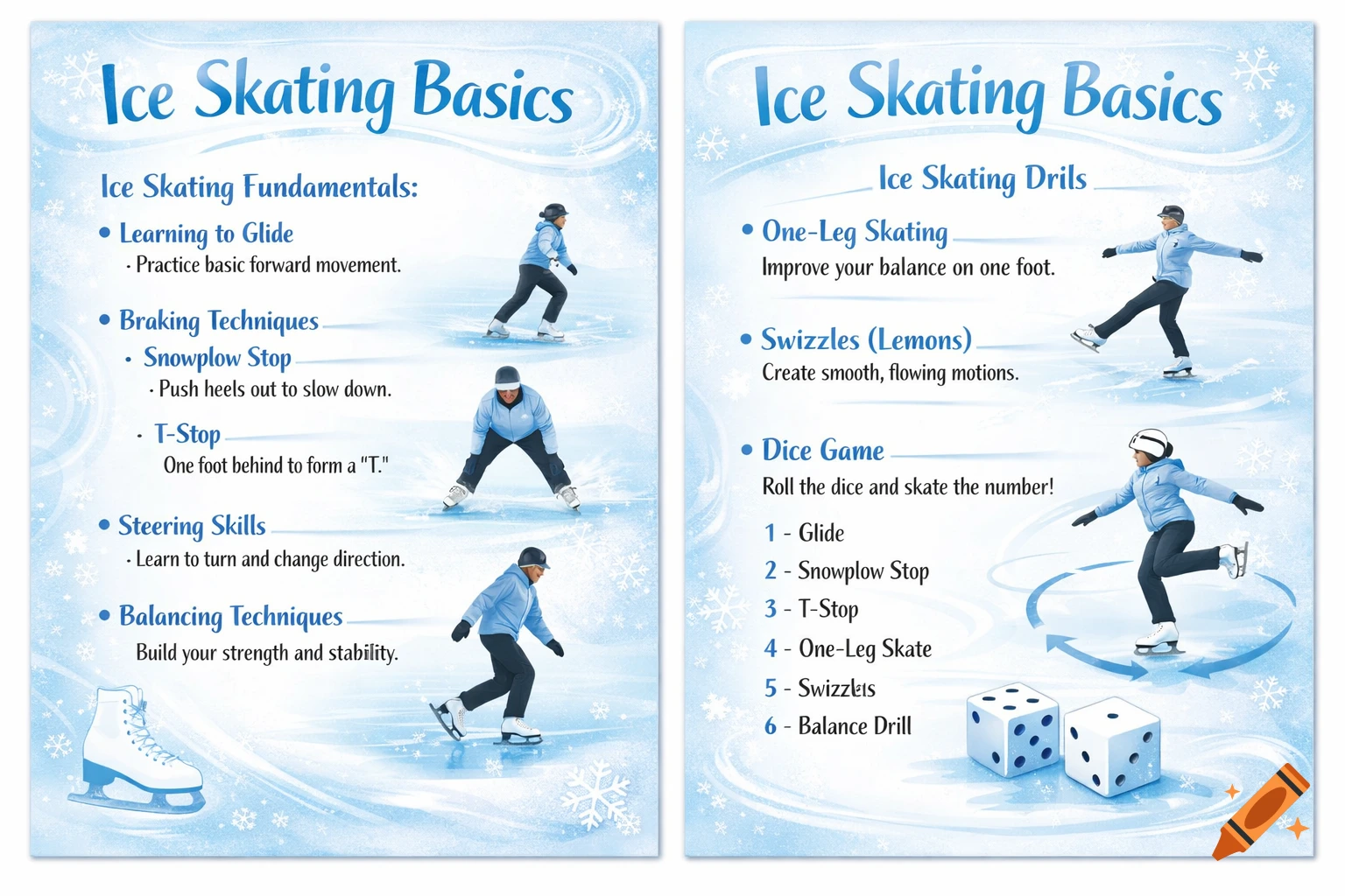 An instructional two-page handout on ice skating basics. It covers fundamentals like gliding, braking, steering, and balancing, along with drills such as one-leg skating, swizzles, and a dice game for practice. Each exercise is illustrated with a person ice skating.