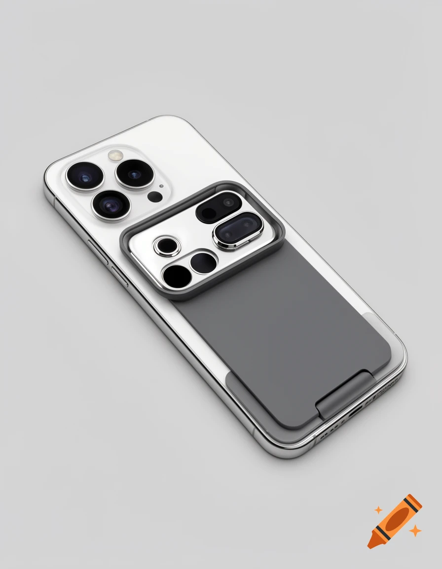 A white and silver smartphone with a unique camera design and a deep gray sliding plate on its back.