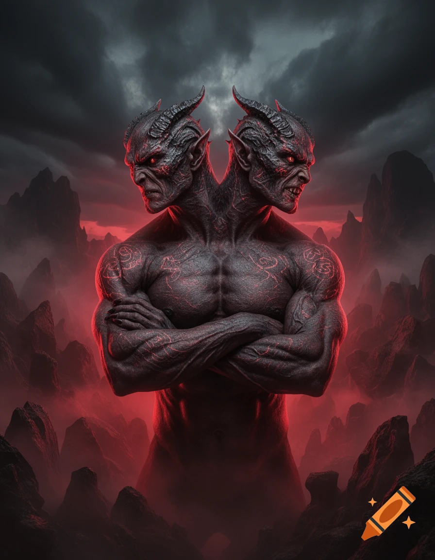 A two-headed, muscular demon with glowing red eyes and tribal patterns stands with crossed arms in a dark, red-lit rocky landscape under a stormy sky.