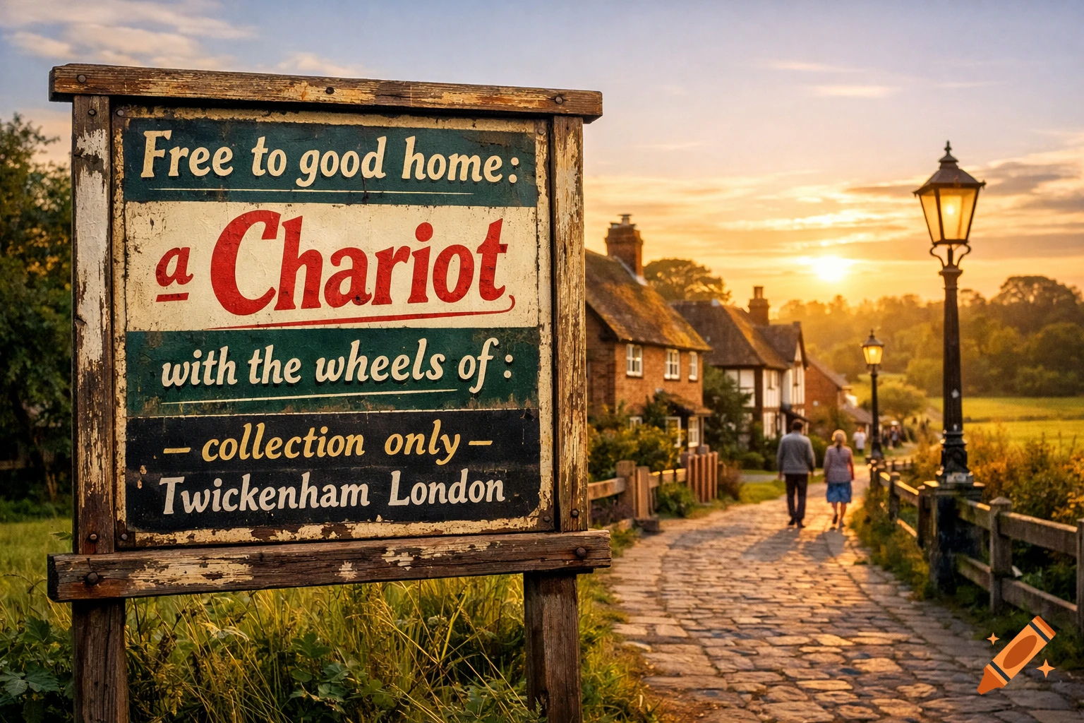 A weathered wooden sign advertises "Free to good home: a Chariot" on a cobblestone path in a rural village at sunset.