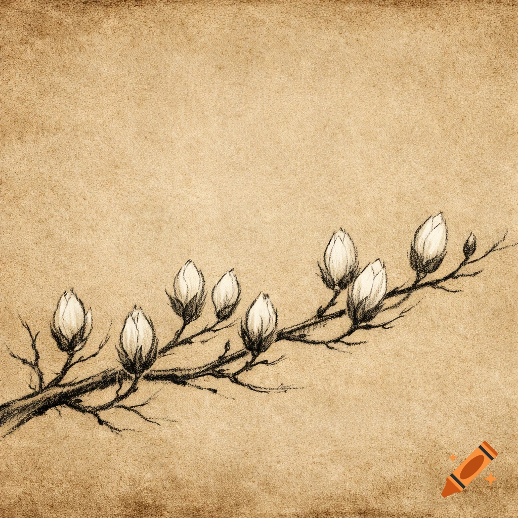 Charcoal drawing of a magnolia branch with white buds on a textured sepia background in Japanese art style.