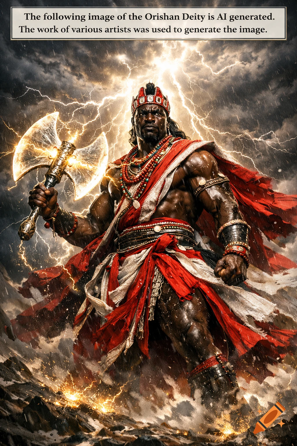 A powerful African thunder god stands in a stormy scene, holding a glowing double-headed axe with lightning striking around him.