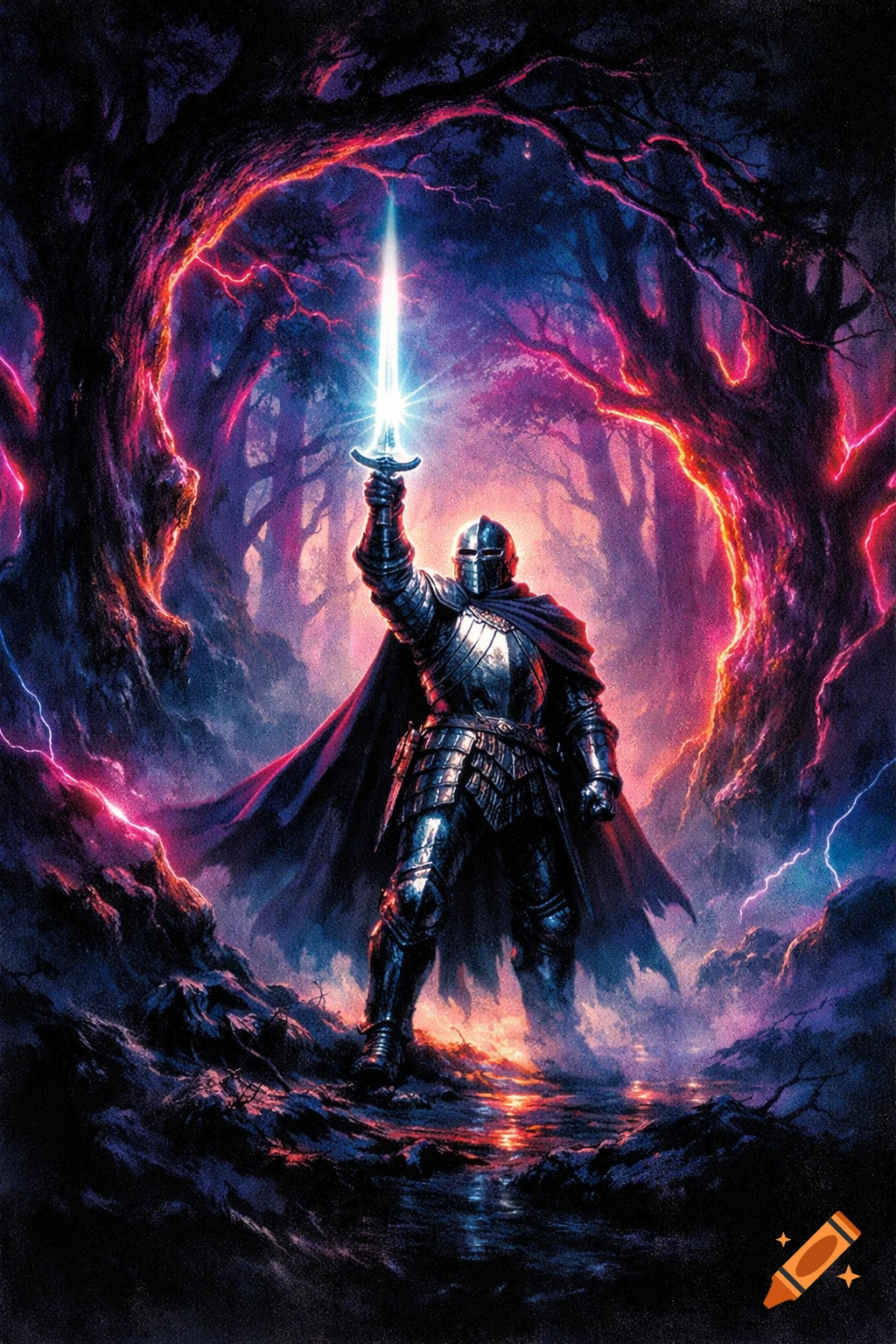 A dark armored knight raises a glowing sword in a mystical, synthwave forest with vibrant pink lightning and reflections on the ground.