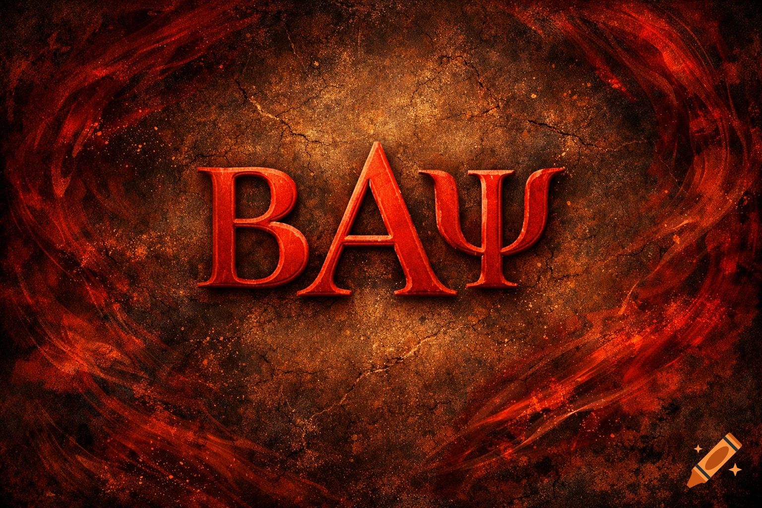 Stylized red Greek letters 'BAΨ' on a dark, cracked grunge background with swirling red fiery patterns.