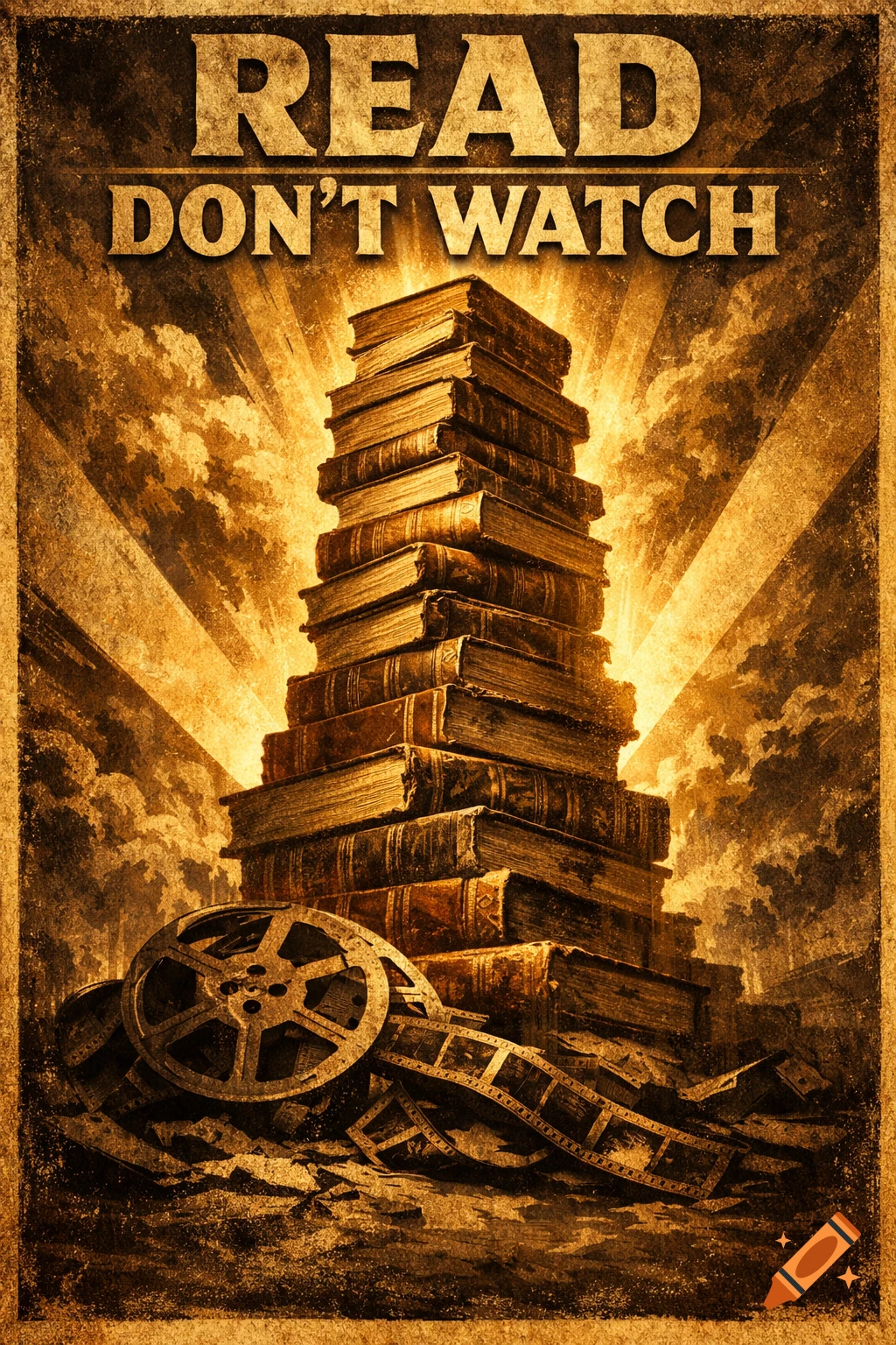 A dramatic vintage propaganda poster shows a glowing stack of books towering over a broken film reel, with the text 'READ DON'T WATCH'.