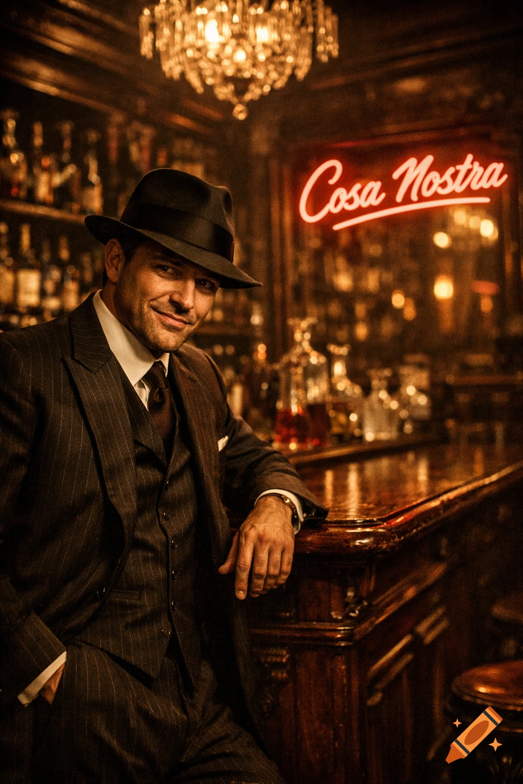 Photorealistic image of a man in a pinstripe suit and fedora leaning on a vintage bar, smiling, with a 'Cosa Nostra' neon sign.