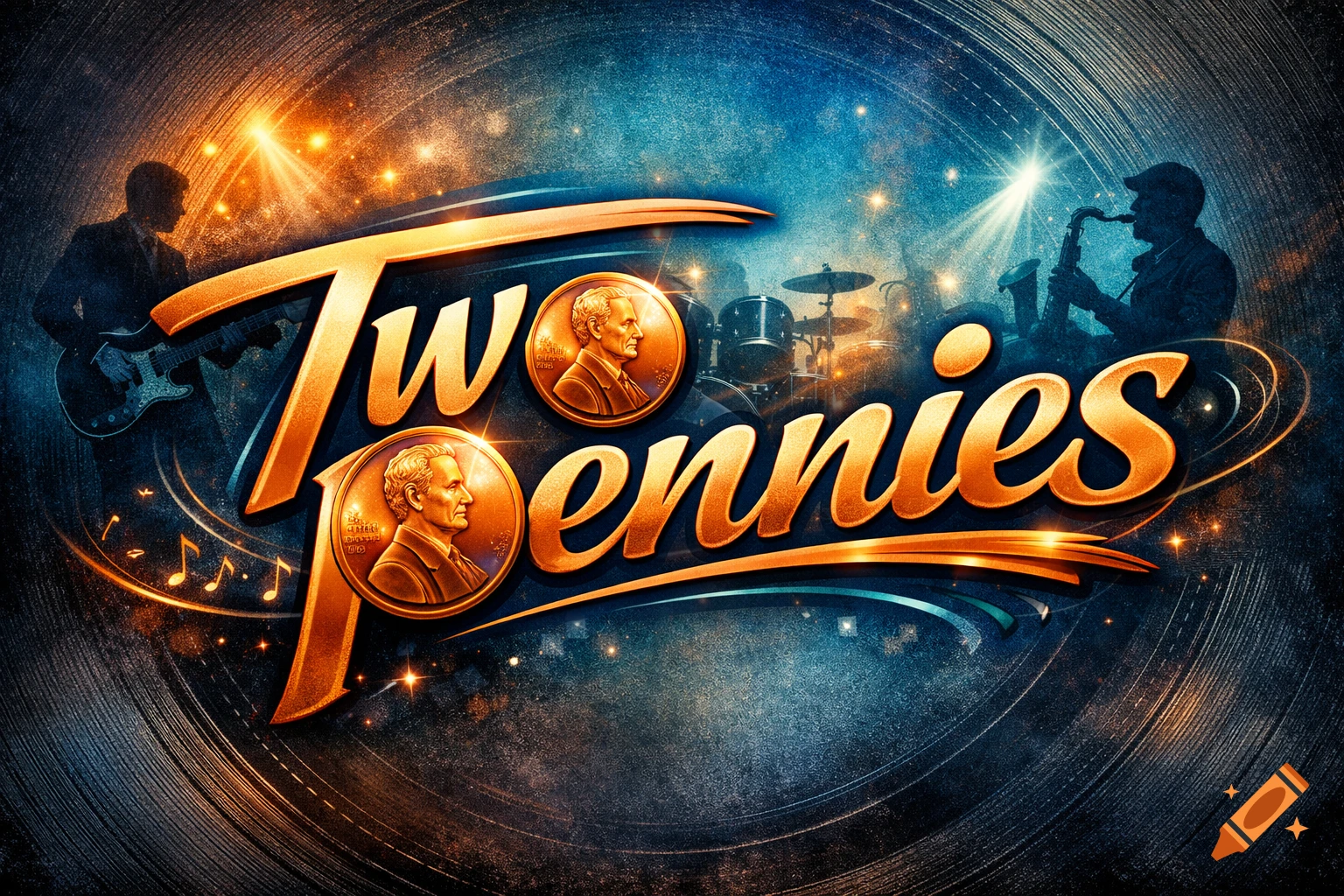 A stylized band logo for "Two Pennies" with glowing metallic orange text against a dark blue and orange grunge background, featuring silhouettes of musicians with instruments and coins integrated into the letters.