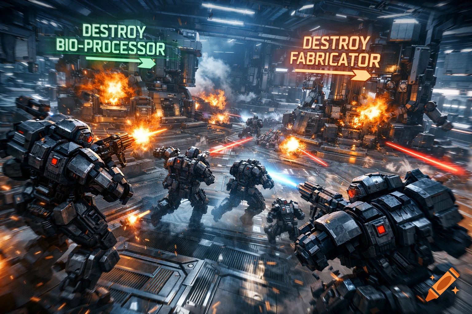 Futuristic mechs battle in an industrial facility, firing lasers and missiles amidst explosions, with 'DESTROY BIO-PROCESSOR' and 'DESTROY FABRICATOR' objectives displayed.