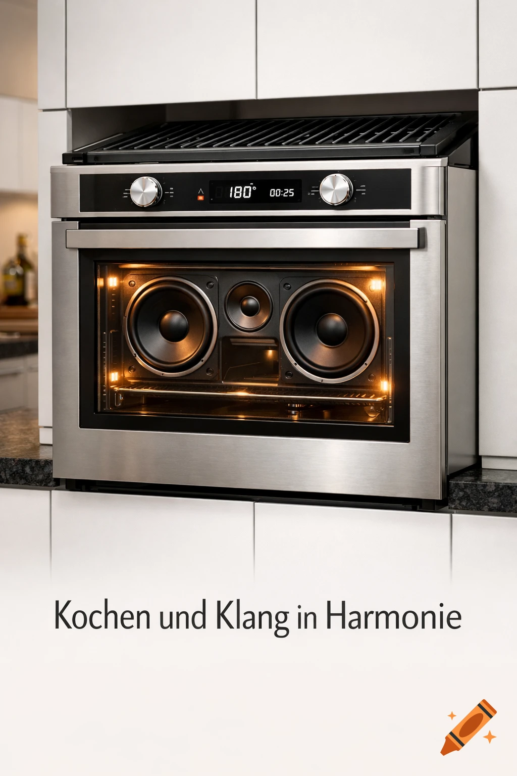 Photorealistic image of a stainless steel oven with speakers inside and a grill on top, in a modern kitchen.