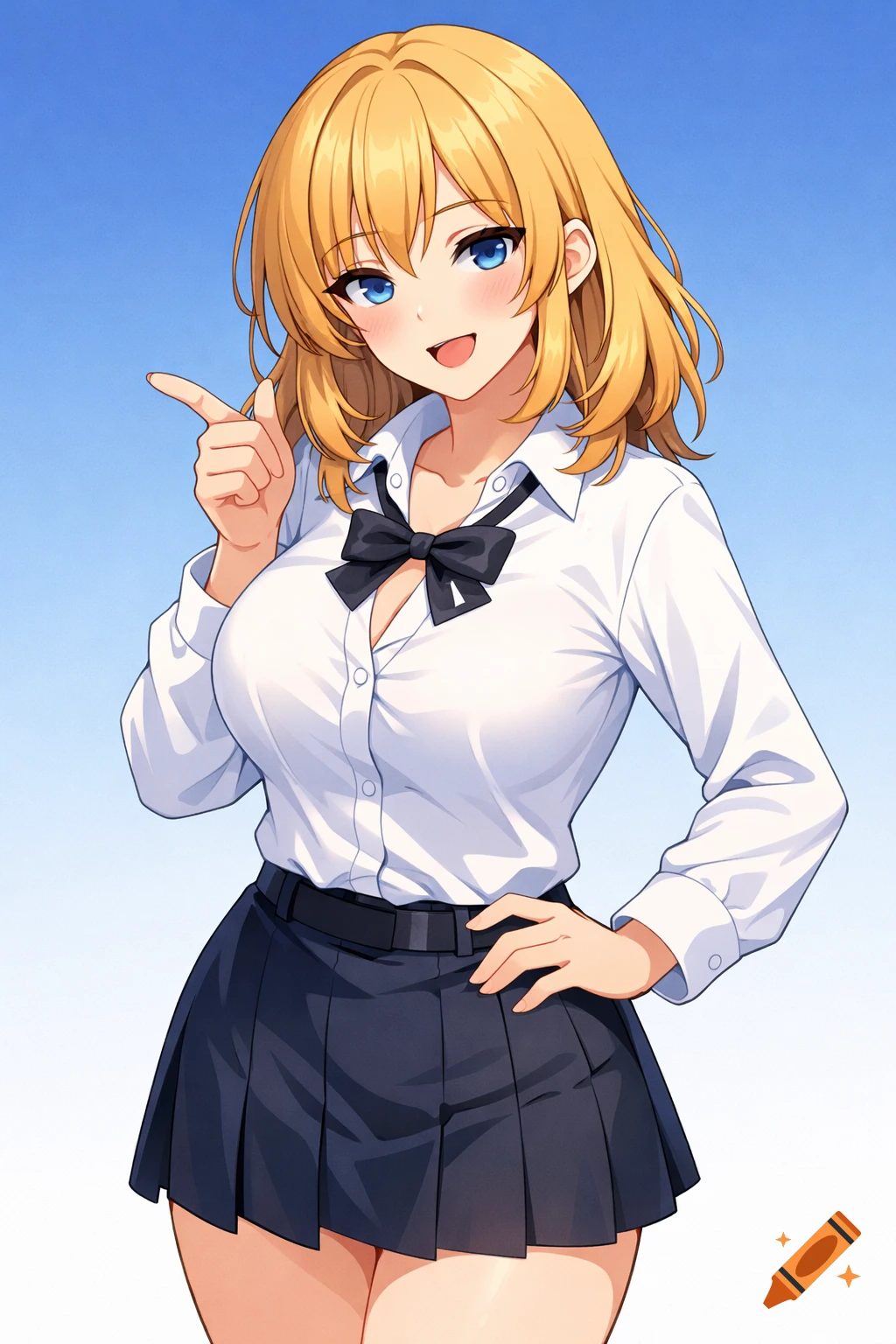 Smiling anime girl with blonde hair, blue eyes, white shirt, black bow, pleated skirt, pointing with one hand and the other on her hip.