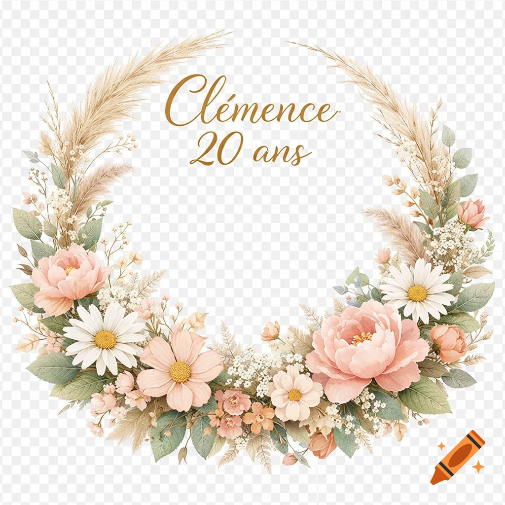 A bohemian-style watercolor floral wreath with pink peonies, daisies, and pampas grass, with the text 'Clémence 20 ans' in the center.