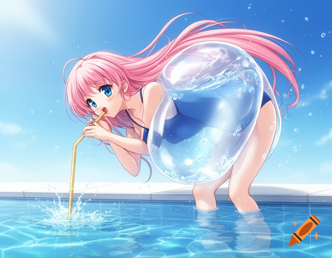 Anime girl with pink hair in a blue swimsuit drinking water with a straw, inflated with water in a swimming pool.