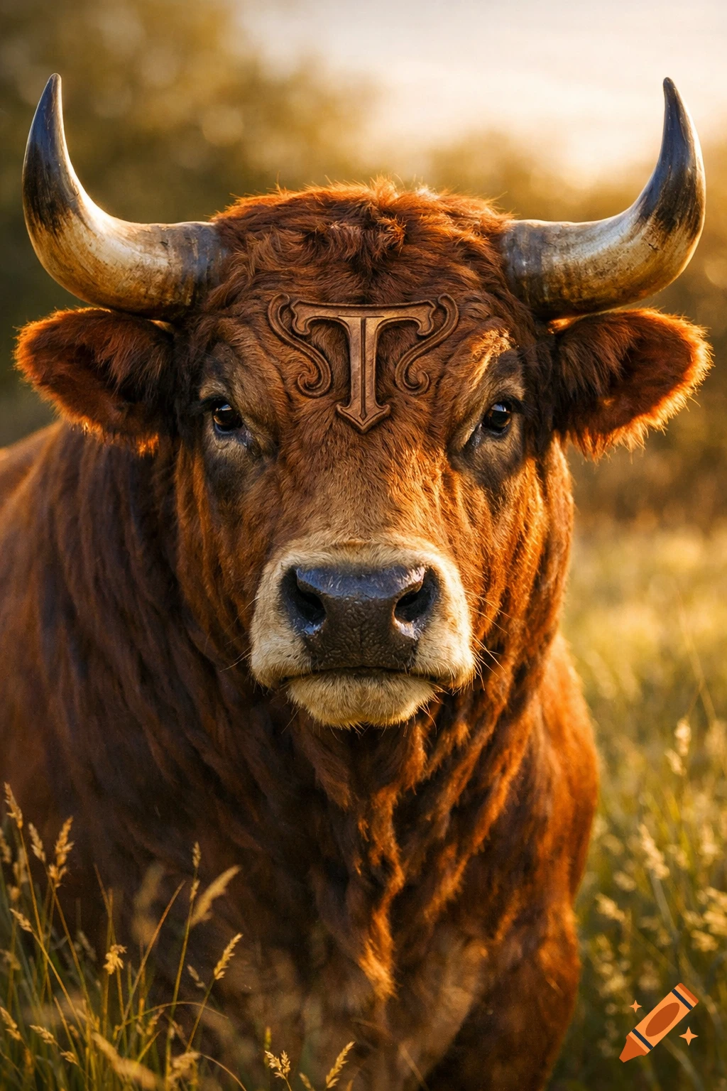 A photorealistic brown bull with a stylized 'T' symbol on its forehead stands in a sunny, grassy field.