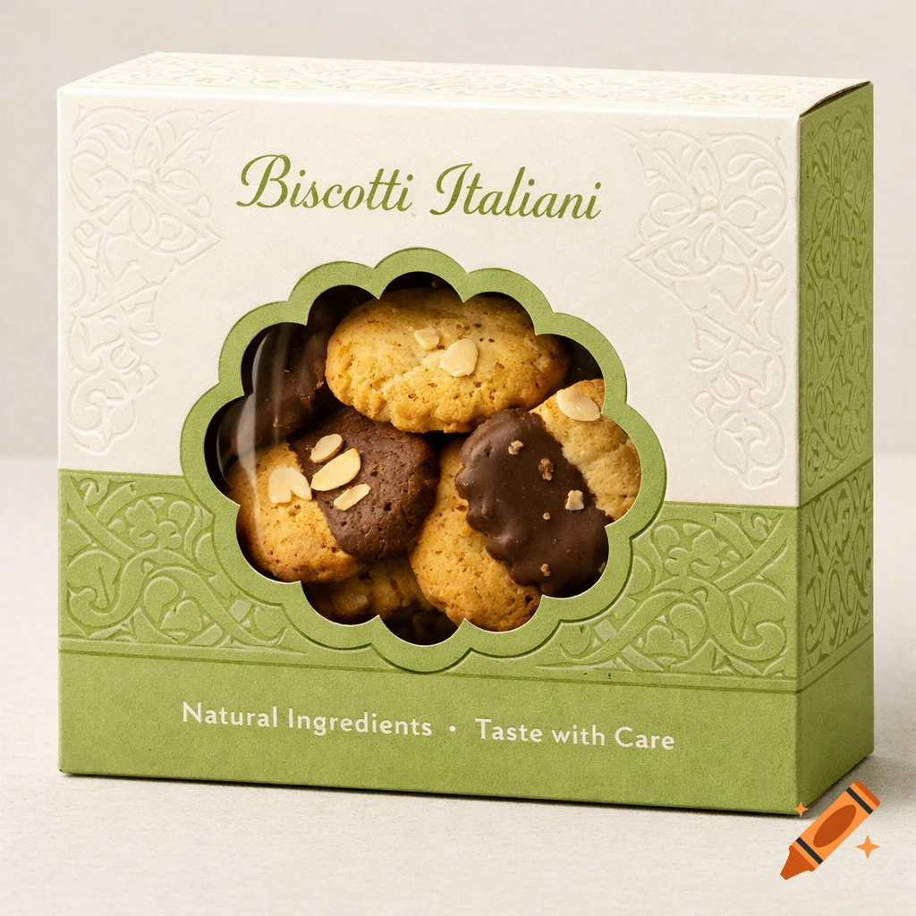 A green and cream-white box of 'Biscotti Italiani' cookies with a window showing chocolate-dipped and almond-topped cookies.