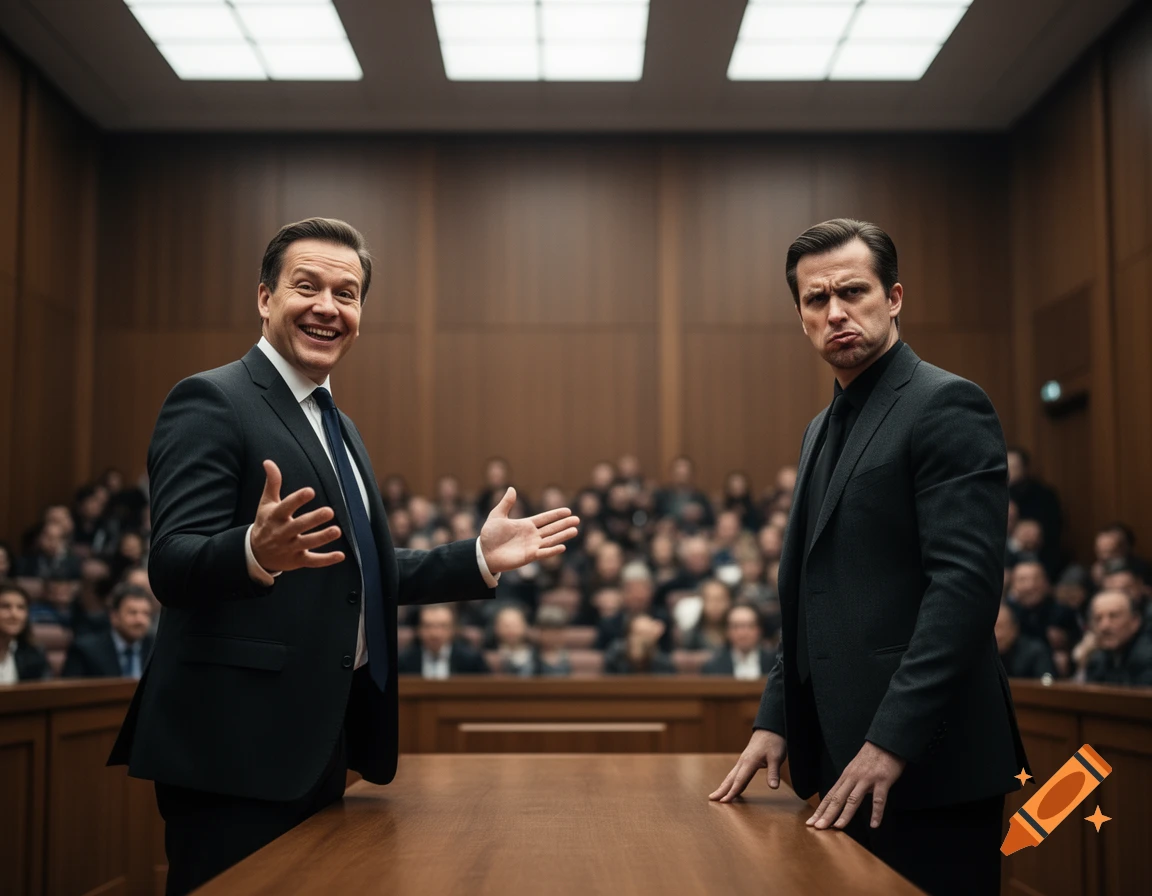 Two lawyers in a courtroom: one smiles broadly and gestures, the other pouts with hands on a table, facing a seated audience.
