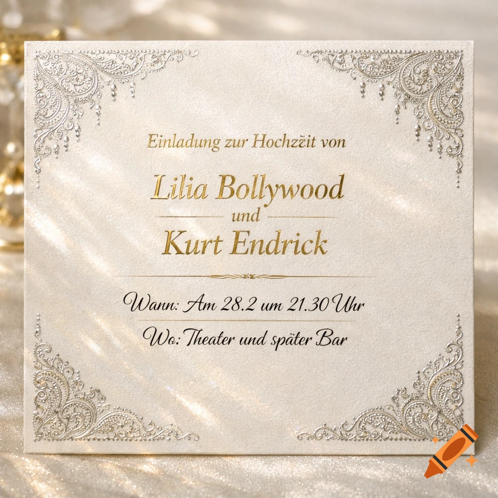 An elegant wedding invitation card with gold text and silver decorative corners.
