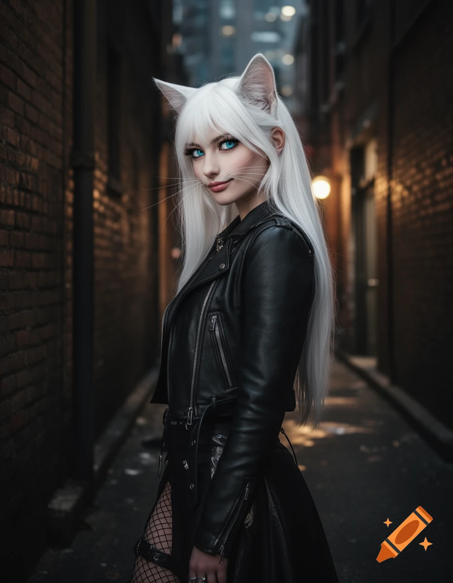 A photorealistic goth cat-girl with white hair, blue eyes, whiskers, and a leather jacket stands in a dark alley.