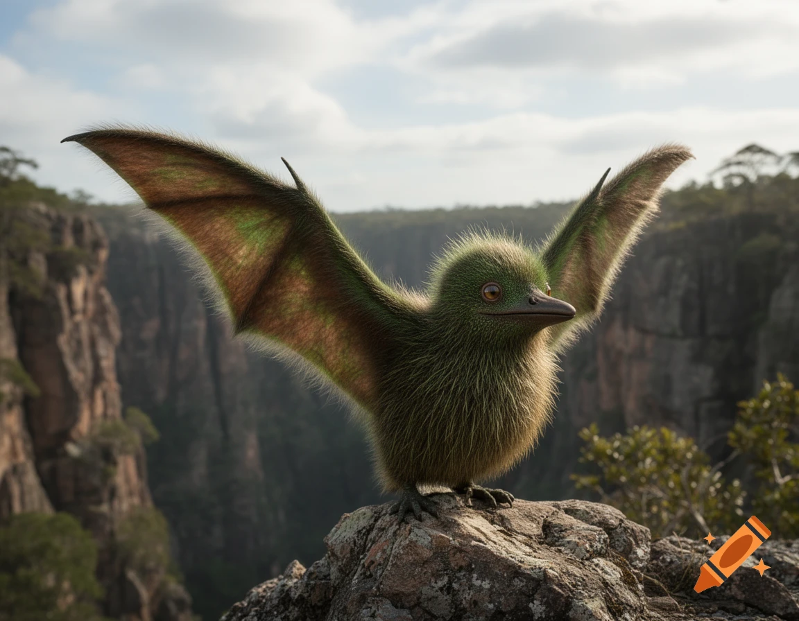 A fluffy, green-brown Kiwisaurus with spread wings stands on a rock, overlooking a vast canyon.