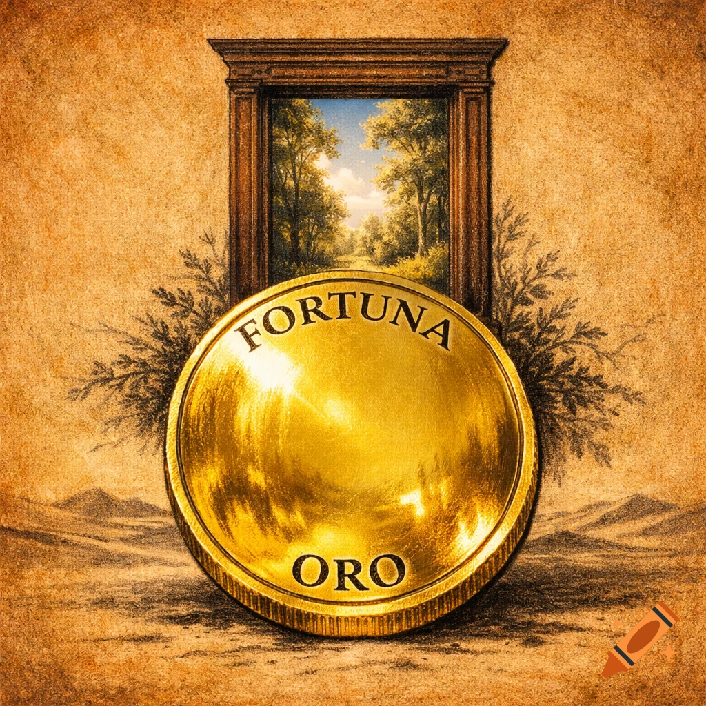 A large gold coin inscribed with "FORTUNA" and "ORO" against a sepia textured background. A wooden doorway reveals a bright forest.