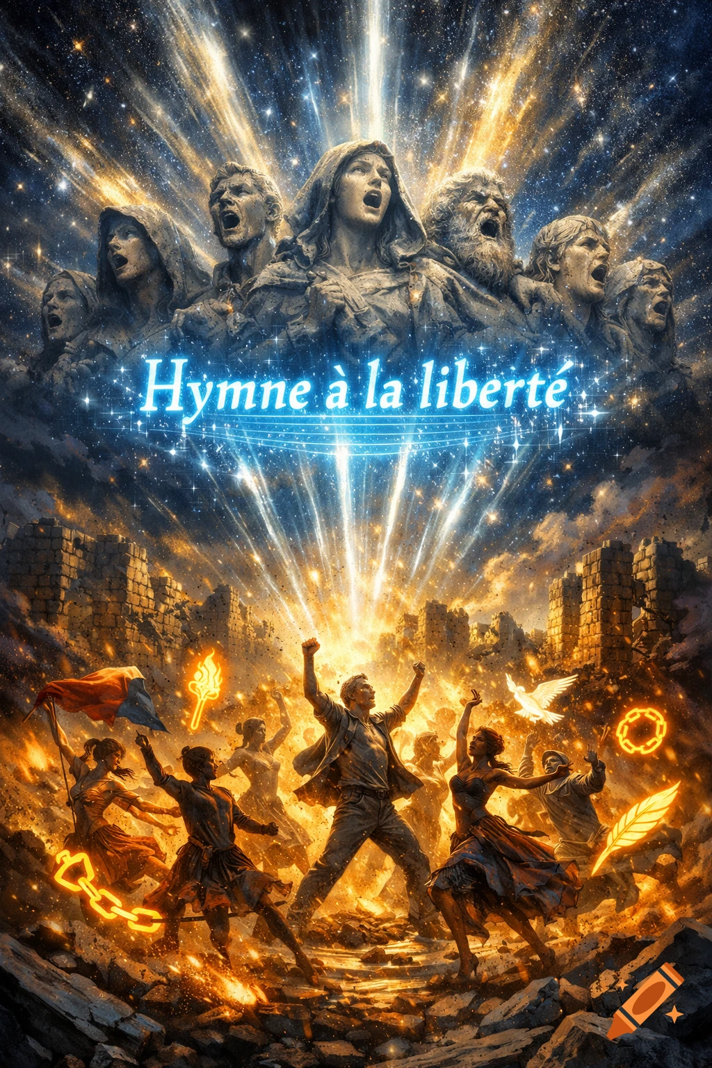 Dramatic image with stone-like figures singing in a starry sky above people celebrating liberation with a French flag, fire, and text "Hymne à la liberté".