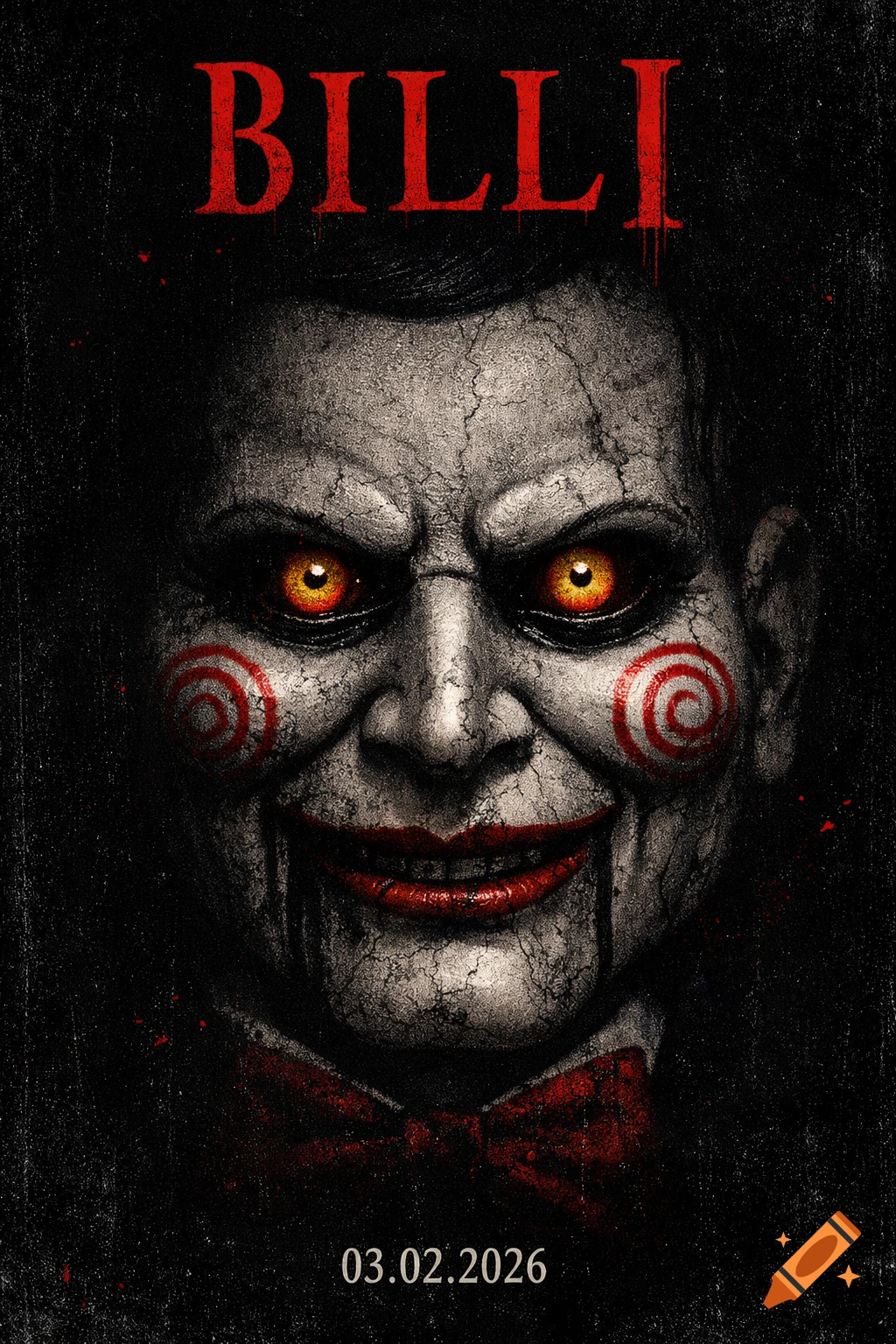Horror movie poster with a creepy ventriloquist puppet with cracked pale skin, red spirals, glowing eyes, and red bow tie. Text 'BILLI' and '03.02.2026'.