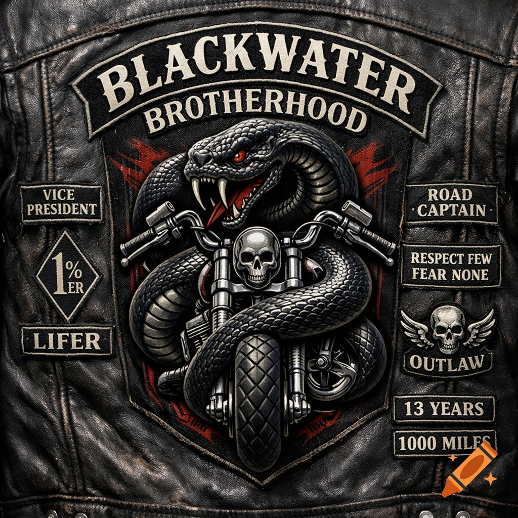 The back of a black leather biker jacket adorned with patches. A large central patch features a cobra wrapped around a motorcycle with a skull headlight. Above is a patch reading "BLACKWATER BROTHERHOOD." Other patches include "VICE PRESIDENT," "1% ER," "LIFER," "ROAD CAPTAIN," "RESPECT FEW FEAR NONE," a winged skull with "OUTLAW," "13 YEARS," and "1000 MILES."