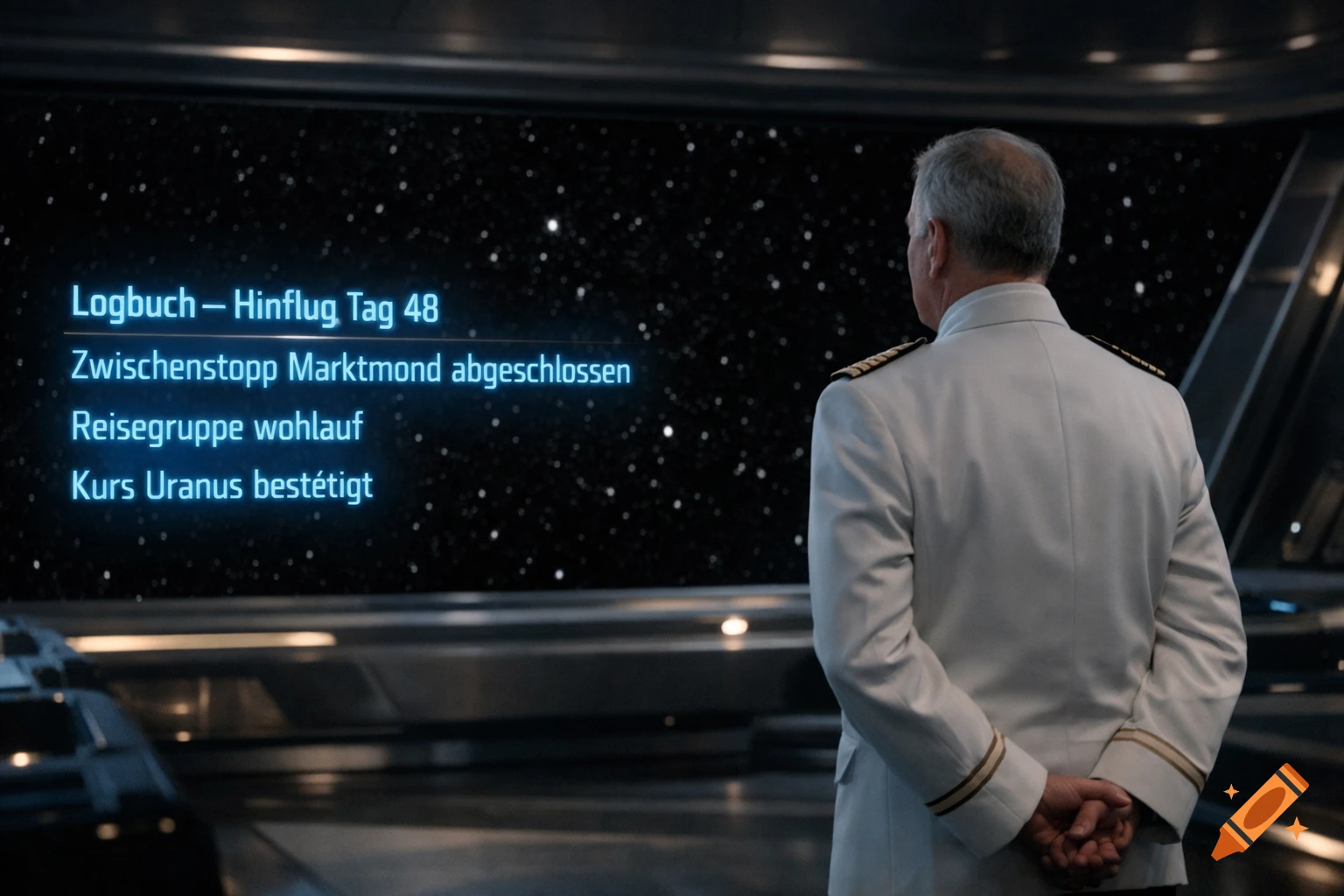 A captain in uniform on a futuristic spaceship bridge views deep space and floating holographic blue text.