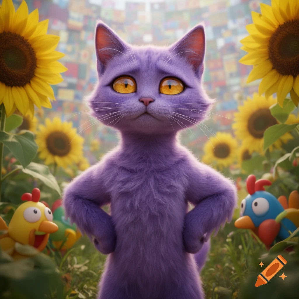 A purple cartoon cat with big yellow eyes stands in a vibrant sunflower field, flanked by small, colorful bird figures.