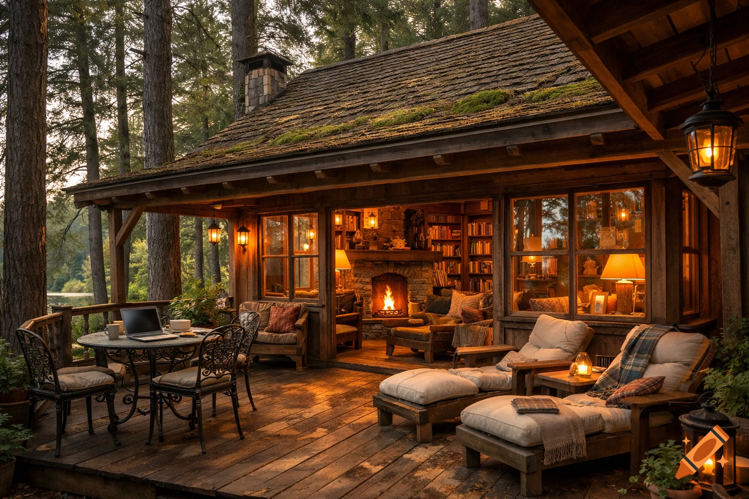 Cozy wooden cottage in a forest at dusk, with a lit porch, a laptop on a table, and a warm interior featuring a fireplace and bookshelves.