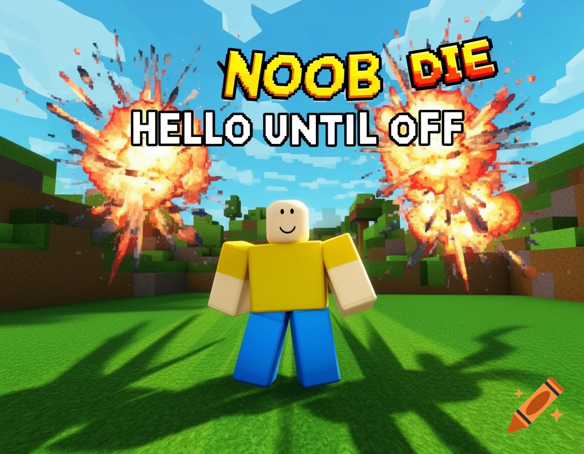 A blocky Roblox-style character stands in a grassy, blocky world with two large explosions behind it, and text "NOOB DIE HELLO UNTIL OFF".