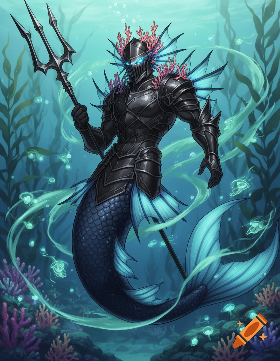 Merman knight in dark armor with glowing blue eyes holds a trident underwater among kelp and coral.
