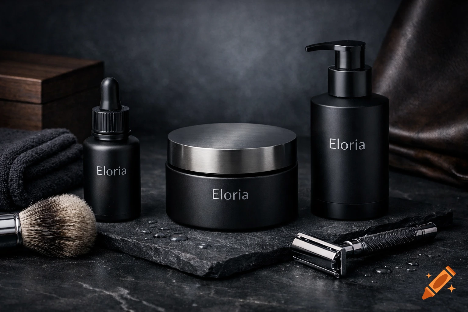 Photorealistic still life of men's grooming products: a serum, cream, pump bottle, razor, and shaving brush on a dark stone slab.